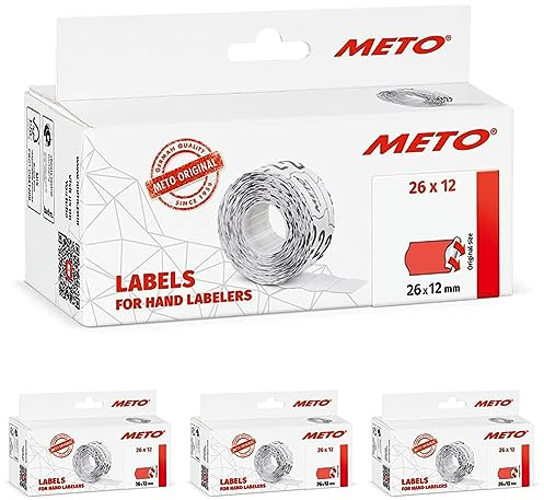 Original Meto Etiketten für Preisauszeichner (26x12 mm, 1-Zeilig, 6.000 Stück, fluor rot, permanent, Preisetiketten für Meto, Hutner, Avery, Contact, Sato, Tovel etc.) (Packung mit 4)