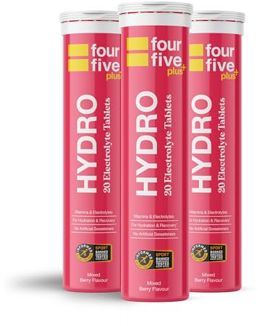 fourfive Hydration Tablets (Berry) Low Calorie Vitamin Electrolytes, Vegan, Magnesium & Calcium, Sports Hydration - 3x20 Effervescent Tablets