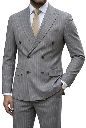YND Men's 2 Piece Double-Breasted Suit, Slim Fit Stripe Tuxedo Set with Tie, Party Wedding Dress Blazer, Tux and Trousers,