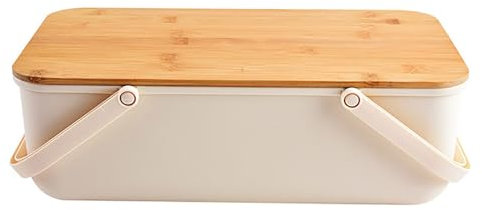 CUSROS Boîte à pain portable en plastique robuste - Multifonction - Avec planche à découper en bois - Grande capacité - Récipient de qualité alimentaire beige