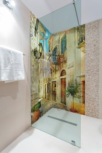 Wallario Selbstklebende Duschrückwand 180 x 200 cm, 2-teilig mit Motiv Gasse im Süden, Urlaub in Griechenland - Wandverkleidung Fließenersatz mit Hochglanzlaminat in Glasoptik