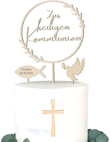 BETESSIN Tortendeko Kommunion Holz - inkl. Zur heiligen Kommunion Cake Topper, 1 Fisch und 1 Taube Tortenstecker - Erstkommunion Kuchendekoration für Mädchen und Jungen