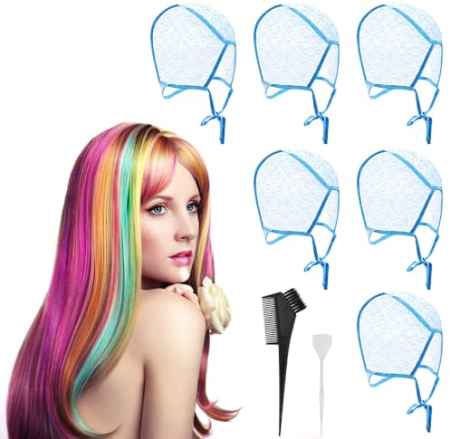 BUENTYA 6 Stück Strähnenhaube Haarfärbe Kappe Strähnchenhaube Plastik Hervorhebung Kappe Highlight Cap Haarkappe Färbekappe Haarefärben Zubehör mit Pinsel und Metall Haken für Salon Heimgebrauch
