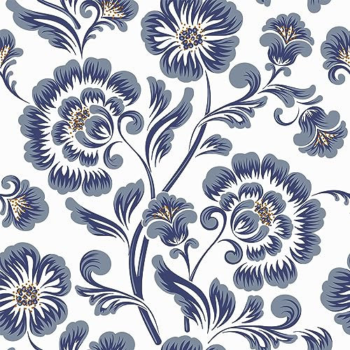 VEELIKE Tapete Blau Blumen Weiß Tapete Blätter Mustertapete Fototapete Blumen Wand Dekoration Schlafzimmer Blumentapete Vintage Tapeten Wohnzimmer Muster Möbelfolie Selbstklebend Flur 44.5cm×300cm