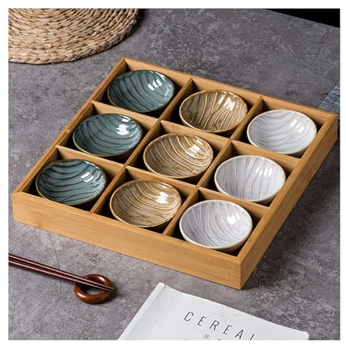 Dxcaicc Ceramics Soy Sauce Dish Set with Divided Wooden Tray,Seasoning Serving Dish,Appetizer Dipping Saucer Sauce Dishes,Side Dish BBQ Sauce, Olive Oil,Vinegar,D