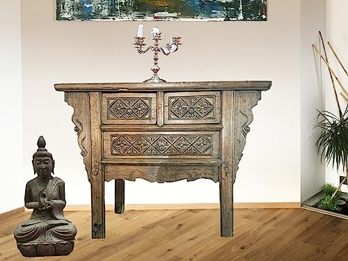OPIUM OUTLET Antiker chinesischer Massivholz-Konsolentisch mit Schnitzereien, Wandtisch braun, Telefontisch mit Schubfächern (B x T x H: 100 x 44 x 85 cm)