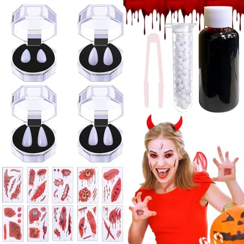 Halloween Make up Set, Halloween Vampir Zähne mit 30ml Kunstblut | 4 Halloween Vampirzähne Reißzähne, 10 Halloween Tattoo, Vampire Teeth Für Karneval Zombie Vampir Werwolf Cosplay Maskerade