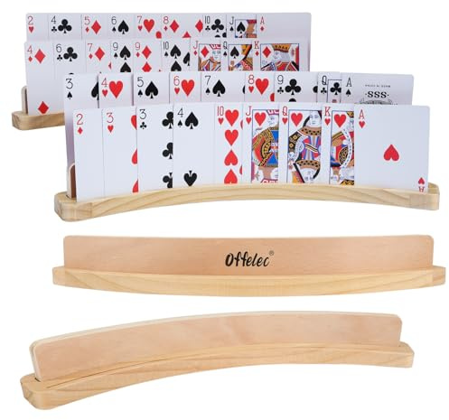 Offelec 4 Pack Wooden Playing Card Holders – 14 Inch 2-Slot Curved Card Holder for Kids, Adults, Seniors, with Non-Slip Base, Stackable Deck Organizer for Bridge, Poker, Strategy Games & Family Nights
