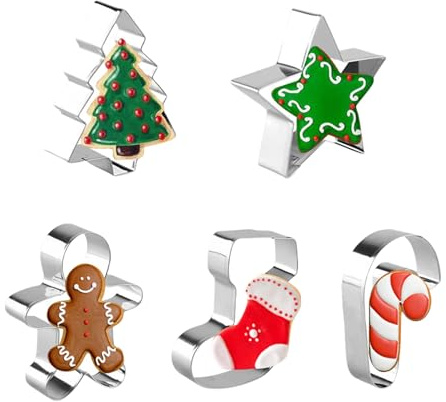 Set di 5 tagliapasta in acciaio inox per biscotti natalizi – uomo di pan di zenzero, albero di Natale, fiocco di neve, calzini, bastoncini di zucchero per biscotti fai da te
