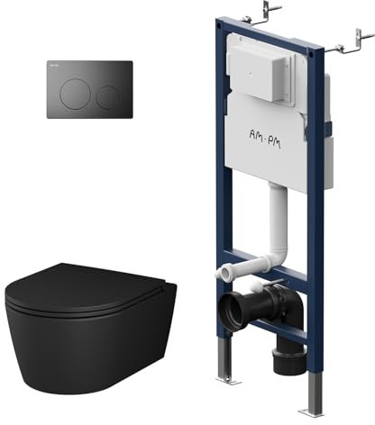 AM.PM - Hänge WC Komplettset, Vorwandelement WC Set Komplett Vormontiert (Prime Fit) + Spülrandlos Wand-WC Schwarz (Func) + Drückerplatte + WC-Sitz mit Absenkautomatik, Toilette Komplett Set