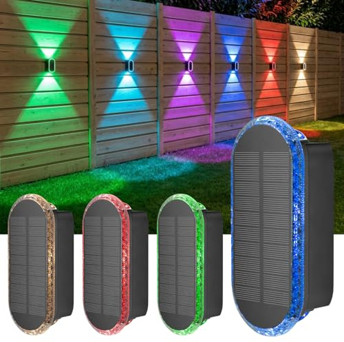 ELLASAY RGB Solar Wandleuchte Aussen Up und Down, IP65 Wasserdicht 4 Stück | Solarlampen für Außen Wand 7 Farben Heller, Wetterfest Leuchten, Kabellos Solarleuchten für Garten Zaun Terrasse Haus Pools