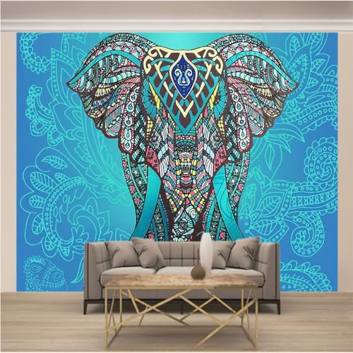 Papier Peint Panoramique Trompe l'oeil 3d Photo Mural Intissé Wallpaper Motifs de Fond d'écran pour Salon, Chambre, TV Fond, Bureaux L 200 x 140cm (Largeur x Hauteur) Style Ethnique Indien et Eléphant