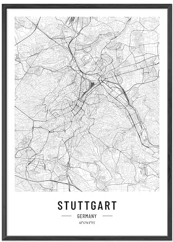 JUNOMI® Stuttgart affisch DIN A4 med ram svart, DIN A4 vardagsrumsdekoration, modern väggbild, Stuttgart bild, väggmålning med ram, stadskarta affisch Stuttgart, perfekt presentidé för Stuttgarter