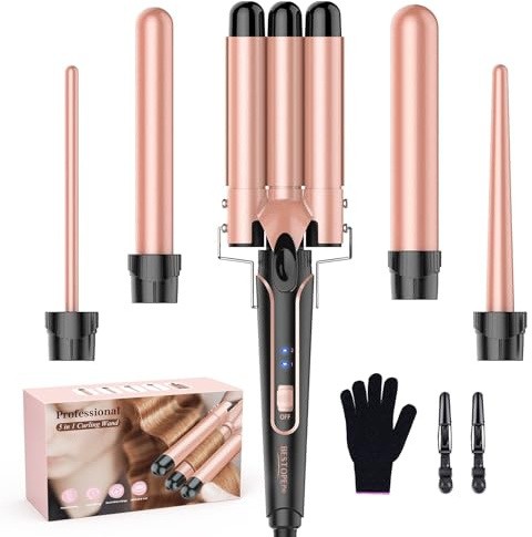 BESTOPE PRO 5 in 1 Beach Waver Hair Curler, Curling Iron (9-32mm) with 2 Temperature Control, Mermaid Hair Waver with Heat-Resistant Glove and 2 Clips for Long Medium Short Hair