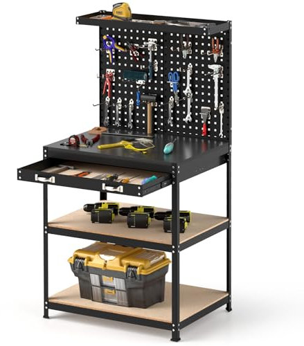 GYMAX Werkbank mit Lochwand, robuste Werktisch mit 2 Schubladen, 3 Regalen & 20 Aufhänghaken, Werkbank bis zu 225 kg belastbar, Arbeitstisch mit Werkzeugorganisator für Garage & Zuhause (Schwarz)