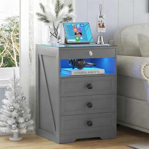 Gurexl LED Bedside Table with Hidden Drawer, Glass Top Bedside Table with Wireless Charger Station, LED Night Stand with Human Sensor Design, Modern End Table for Bedroom Living Room (Gray)