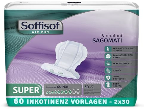 Soffisof Air Dry Inkontinenz-Vorlage für Frauen und Männer Super - 60x Erwachsenen Windeln - 2 Packungen mit 30 Windeln, 8 Tropfen - anatomische Windel