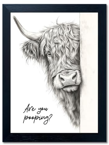 Funny Highland Cow Bathroom Wall Art - Rustic Farmhouse Wall Decor with Humorous Are You Pooping Canvas Print, Cute Animal Canvas Art for Restroom - Black Framed Cow Pictures Wall Decor Ready to Hang 8x10