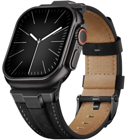 Suitisbest Genuine Leather Band Compatible for Apple Watch Ultra 3/2/1 Straps 49mm 46mm 45mm 44mm 42mm, Rugged Metal Connector Strap for Women Men iWatch SE 3 Series 11 10 9 8 7 6 5 4 3 2 1
