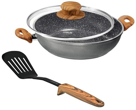 STONELINE Made in Germany Servierpfanne 24 cm Set 3-teilig Antihaft Pfanne Hoher Rand mit Deckel, Beschichtet mit echten Steinpartikeln, Induktionspfanne für alle Herdarten und Backofen, Holzoptik