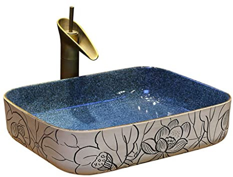 HADECOLL Lavabo De Salle De Bain, Lavabo De Salle De Bain, Lavabo en Céramique De Style Chinois, Lavabo Rectangulaire À Poser avec Robinet, Meuble-Lavabo De Salle De Bain