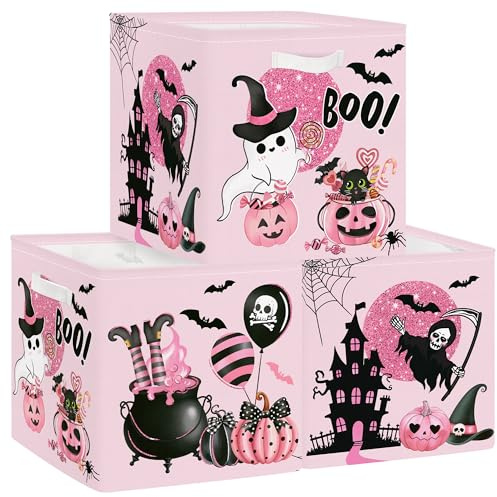 Clastyle Set di 3 Scatole Portaoggetti Spaventoso Halloween Cubo di Stoccaggio per Armadio Vestiti Cesto Scaffali Bambini Scrigno dei Giocattoli e Libri per Scuola Materna,Rosa,30x30x30 cm