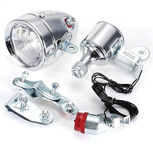 Set di fanali e fanali posteriori per bicicletta a dinamo, con generatore di attrito, 12 V 5,5 W anteriore e 2,5 V 0,5 W posteriore, struttura in metallo, finitura argento, include morsetto di
