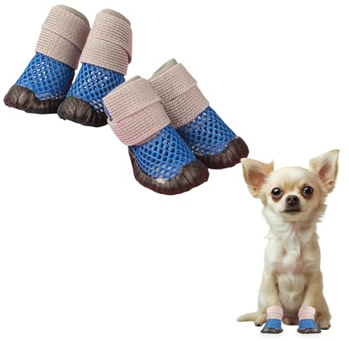 Symphonyw Pfotenschutz Hundeschuhe, 4 Stück Atmungsaktive Hunde Schuhe Mesh Welpen Hitzebeständig Hundeschuhe für heiße Sommerböden, Sommer Verstellbarem Hundestiefel fürkleine Hunde (Blau, 2XL)