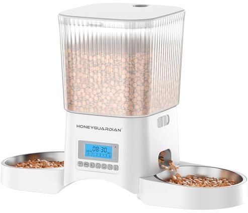 HONEYGUARDIAN Distributeur Automatique de Nourriture pour 2 Chats/Chiens, Distributeur Croquettes Chat Automatique avec 2 Gamelles, 3.5L Mangeoire Auto avec Minuterie, Double Alimentation