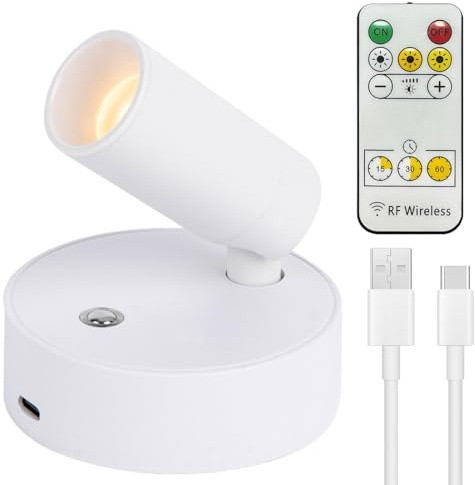 MIUUIPI Kabellose Spotlight, Aufladbare Wandleuchte Innen Akku, mit Fernbedienung & Timer, 3 Farbtemperaturen, 350° Drehbare Wandlampe für Kunst, Pflanzen, Portraits Weiß