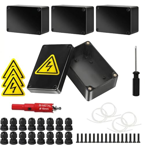 4 stycken kopplingsdosor, IP67 svart kopplingsdosa vattentät, 100 x 68 x 50 mm ytmonterad fördelningsdosa, hölje elektronik med 16 kabelskruvar, säkerhetsskyltar, hålsåg 16 mm