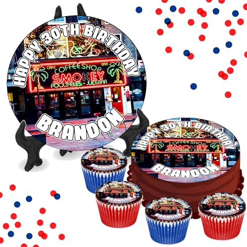 Amsterdam Coffee Shop PERSONALISED Edible Cupcake Toppers / 8 Inch Cake Wafer or Icing - Adults Birthday Party Decorations - Perfect for Brownies, Cookies, Muffins & More!