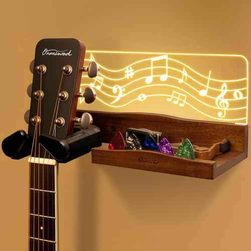 Onmiwod Guitar Wall Mount with LED Light, Auto Lock Guitar Hanger with Shelf and Pick Holder, Wood & Acrylic Light Up Guitar Holder Wall Mount, Guitar Music Accessories Gifts for Guitar Lover Player