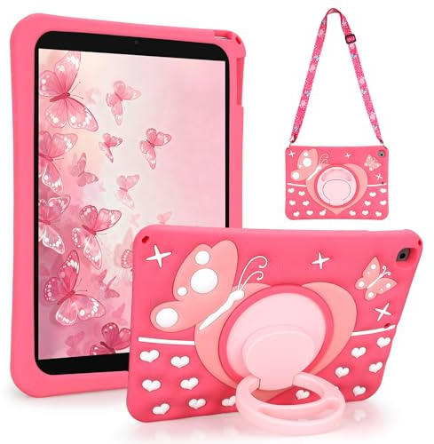 VOFOLEN Kinder Hülle für iPad 9. / 8. / 7. Generation 10.2 Zoll Modell 2021/2020/2019 Weiches Silikon Stoßfeste Schutzhülle für iPad Hülle 9. Generation mit 360 Rotation Stand/Schultergurt Rosa