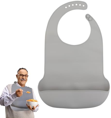 DAVIDJAMESCLARKE Bavoir Imperméable Pour Adulte Avec Ramasse-miettes En Silicone, Réglable, Réutilisable, Tablier Avec Poche Pour Personnes Âgées, Adultes, Gris, L(43 * 30cm)