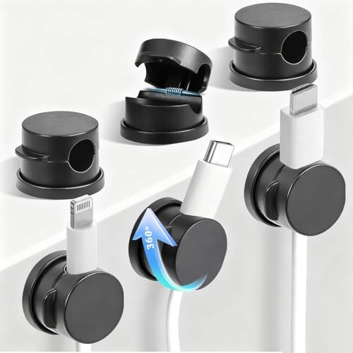 6 Pezzi Clip Cavo Magnetiche Girevoli 360°, Kit Organizzatore Cavi Nero, Fermacavo Adesivo per Scrivania, Supporto senza Fori
