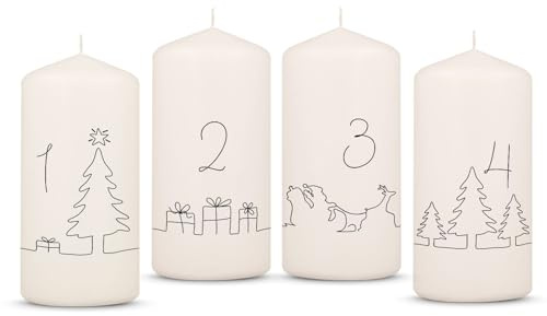 GRAVURZEILE Bedruckte Adventskerzen - Advent Linie - Weihnachtskerze für den Adventskranz 4er Set - Dekoration zu Weihnachten - Geschenk für Sie & Ihn - Stumpenkerze 120/58 mm