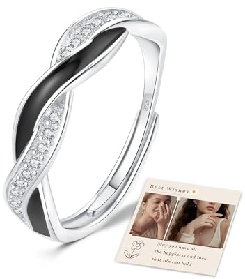 YOEE Ring Silber 925 Damen Verstellbar Ring mit Zirkonia Verdrehtes Seil Ewigkeit Ringe Verlobungsring Promise Eheringe Ring Stapelbar Daumenring Frauen Schmuckgeschenk Schwarz
