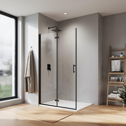 SONNI Walk i duschvägg 95 x 195 cm svart vikdörr 6 mm NANO glas roterande vikdörr duschpartition vägg duschdörr vikbar duschavskiljare veck