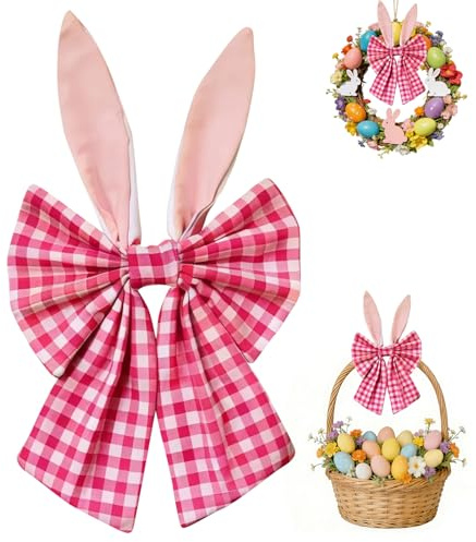 Osterdeko Hasenohren Kranzschleifen, 40CM Hasenohren Schleifen Deko Ostern Deko Kranz Große Kranzschleife Ostern Niedliche Osterschleifen mit Hasenohr Frühlingsdeko Baumspitze für Wand Tür (Rosa)