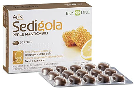 BIOS LINE Sedigola Perle Masticabili, Integratore Alimentare per il Benessere di Naso e Gola, 30 Perle Arricchite con Propoli e Oli Essenziali Balsamici