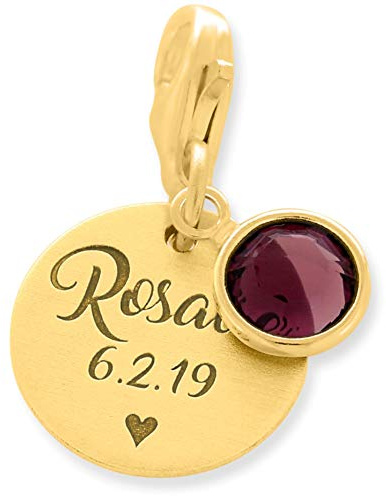 Charm Anhänger Gold Gravur vergoldeter 925 Silber Charms mit Namen personalisiert graviert Baby Geburt Geburtsstein Herz Karabiner Verschluss Geburtsanhänger | HANDMADE IN GERMANY
