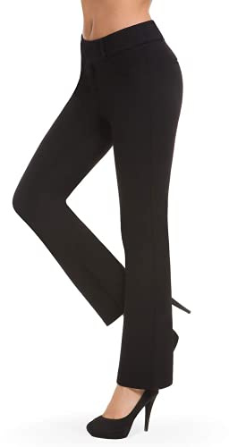 Bamans Pantalon Femme Taille Haute, Push Up Stretch élégant élastique Bootcut Droit Jambe Long Pantalon pour Bureau, Casual, Yoga (Noir,Large)
