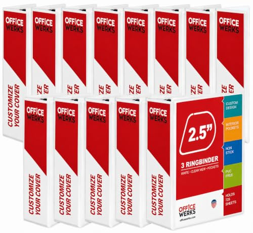 Office Werks 3-Ringbuch, professioneller D-Ringbuch, 6,3 cm, 12 Präsentationsmappen für Standardseiten 8,5 x 11 mit Taschen, kristallklarer Sicht, weißer Ordner (12 Stück)