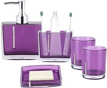 Estink Badezimmer Set 5tlg., Violett, Spender & Halter | Badaccessoires, bestehend aus Spender, Bechern und Schale, farblich abgestimmt, für Waschbecken