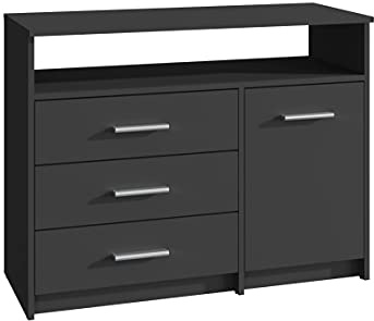 MATKAM Kommode Bodo 1D3SO, H75 x B98 x T35 cm, mit 3 Schubladen, einem Ablagefach und einem Türschrank, Griffe in Metall-Optik, Schubladen-Führungsschienen aus Metall (Schwarz)