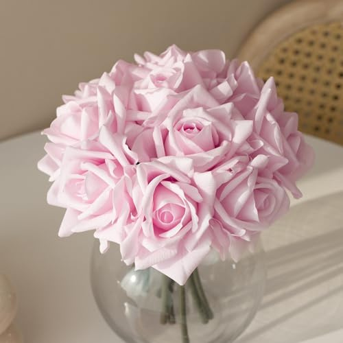 DUYONE Künstliche Rosen, einzelner Stiel, 10 Stück, künstliche Seidenblumen, Blumenstrauß, fühlt Sich echt an, für Zuhause, Party, Hochzeitsdekoration (Hellrosa)