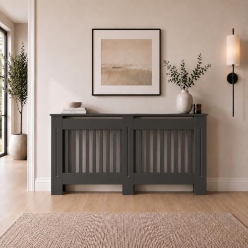 DuraTherm® Radiator Cover Anthracite Grey Painted Modern Vertical Slat Shelves MDF Cabinet Shelf for Radiators, Living Rooms, Bedrooms, Large (H: 152cm / W: 81.5cm / D: 19cm)