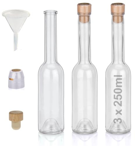 Flaschen Set 3 x 250ml hochwertige Glasflaschen leer mit Korken Schrumpfkapseln & 1 Trichter zum selbst Befüllen mit Gin Whisky Schnaps Likör Essig Öl günstige Flaschen Ginflaschen Whiskyflaschen