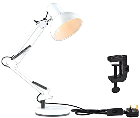 TEKLED Architect Swing Arm Desk Lamp with Base & C-Clamp, Adjustable E27 Table Light for Home Office, White (Bulb Not Included)